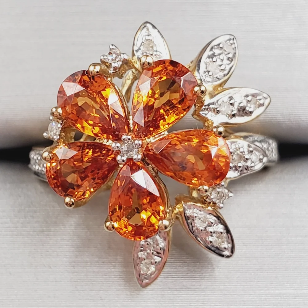 10k Solid Yellow Gold Genuine Spessartite Mandarin Garnet & Diamond Flower Ring